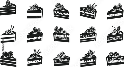 Cake slice icons, sweet dessert silhouettes with fruit toppings, bakery pastry vector illustration, delicious food menu design elements, cream cheesecake.
