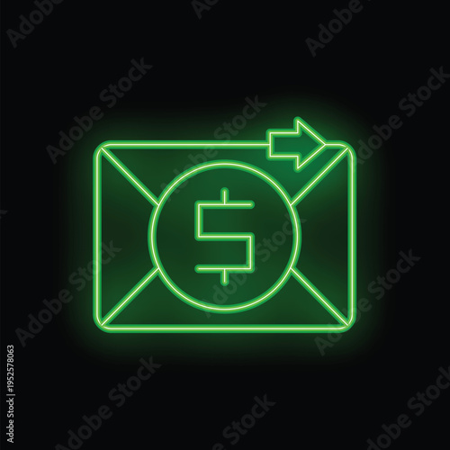 Glowing green neon envelope sending money with an arrow pointing to the right on a black background