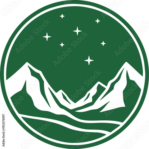 Circular green emblem with white snowcapped mountains, winding path, stars in sky, outdoor adventure, nature exploration vector logo design