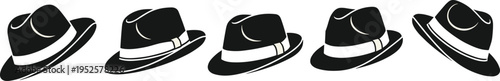 Classic fedora hat silhouettes, gentleman headwear with ribbon, vintage formal fashion accessories, male apparel vector illustration, retro head protection.