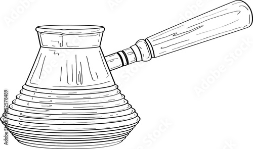High quality linear realistic vector illustration of a retro Ibrik coffee pot, Turkish. Ideal for menus, restaurant, coffee, pastry, sweets shop and product label design. Barista tools.