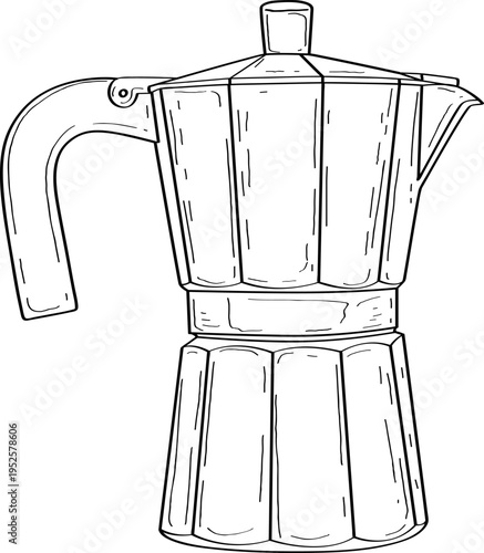 High quality linear realistic vector illustration of a retro coffee mocha pot, kettle . Ideal for menus, restaurant, coffee, pastry, sweets shop and product label design. Barista tools.