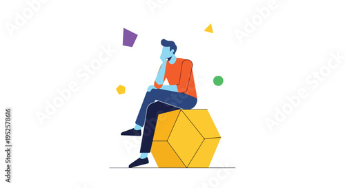 A stylized man with blue skin and an orange shirt sits thoughtfully on a large yellow geometric solid, surrounded by various floating colorful shapes.