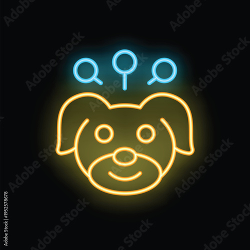 Neon icon of dog face with searching magnifying glasses, representing concept of pet adoption