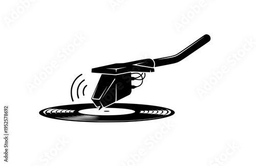 Analog Vinyl Record Player Needle Silhouette, Retro Music Ritual Vector Sticker, Tactile Audio Experience Illustration