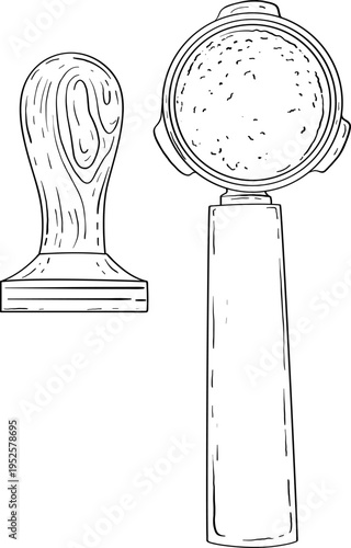 High quality linear realistic vector illustration of a portafilter and tamper for coffee making. Ideal for menus, restaurant, coffee, pastry, sweets shop and product label design. Barista tools.