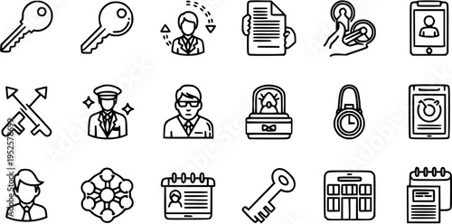 Black and White Line Art Icons for Security, Access, and Business