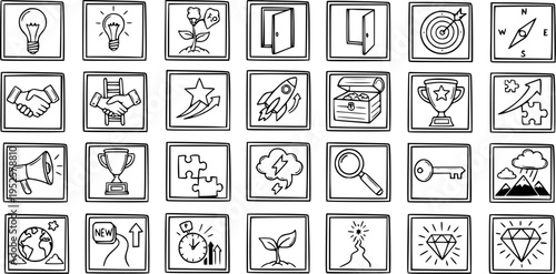Business Concept Icons: Lightbulb Idea, Handshake, Rocket, Target, Growth, Diamond, Key, Compass