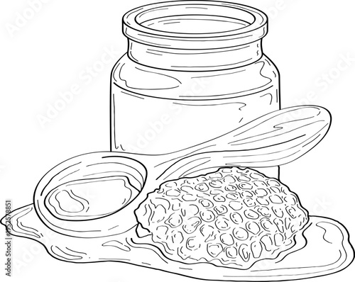High quality linear realistic vector illustration of a Honey jar, spoon and honeycombs. Ideal for menus, restaurant and other establishment designs, cosmetic and product label design. Fruit tree