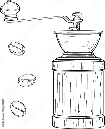 High quality linear realistic vector illustration of a retro coffee mill and beans . Ideal for menus, restaurant, coffee, pastry, sweets shop and product label design. Barista tools.