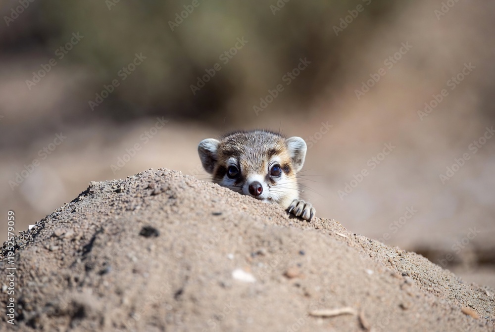 Fototapeta premium A fennec fox pup is peeking out from a mound of sand. It’s in an arid desert environment.