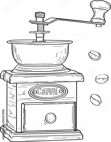 High quality linear realistic vector illustration of a retro coffee mill and beans . Ideal for menus, restaurant, coffee, pastry, sweets shop and product label design.  Barista tools.
