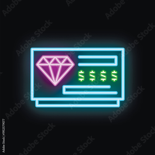 Glowing neon sign with a diamond and dollar signs, representing a pawnshop offering cash loans for jewelry