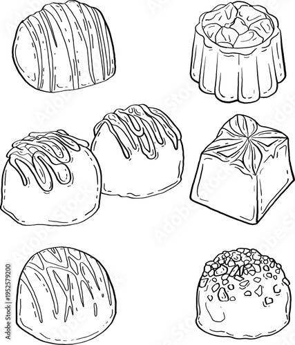 High quality linear realistic vector illustration of a chocolate candies  Ideal for menus, restaurant, coffee, pastry, sweets shop and product label design. 