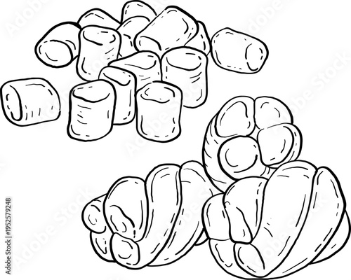 High quality linear realistic vector illustration of  marshmallows  Ideal for menus, restaurant, coffee, pastry, sweets shop and product label design. 