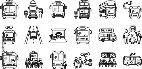 Public Transportation Bus Services Black and White Line Art Icons Set - City, Electric, Shuttle, and Double-Decker Buses Outline