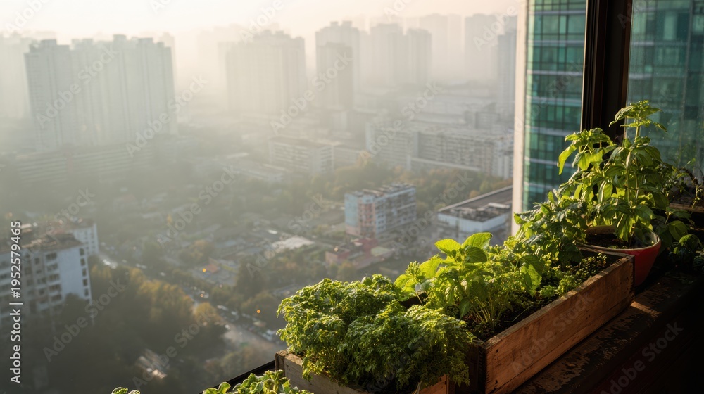 Naklejka premium Golden herb beds on highrise balcony, sunlit planter boxes and warm haze over distant towers, intimate culinary garden scene with chef role implied, sustainable lifestyle tone and copy space.