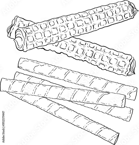 High quality linear realistic vector illustration of a waffle tubes, sweets.  Ideal for menus, restaurant, coffee, pastry, sweets shop and product label design. Dessert, cookies.