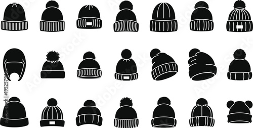 Winter beanie hat icons, knit wool cap silhouettes, headwear for cold weather, apparel fashion accessory, head protection vector illustration.