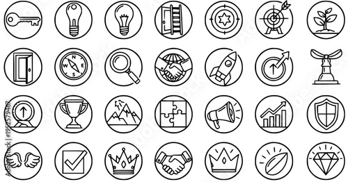 Business Success Strategy Outline Line Art Icons Set. Goals, Startup, Marketing, Growth, Achievement, and Idea Symbols Collection.