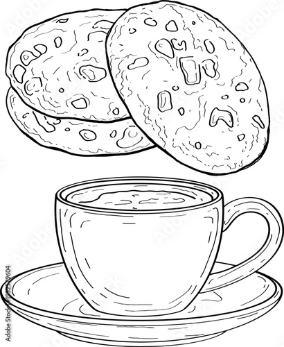 High quality linear realistic vector illustration of a coffee, tea cup and chocolate cookie . Ideal for menus, restaurant, coffee, pastry, sweets shop and product label design. 