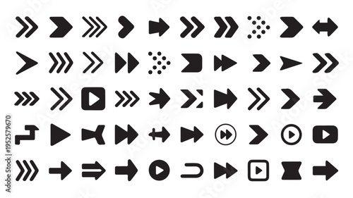 Diverse black arrow icons set for web navigation, media controls, and user interface design