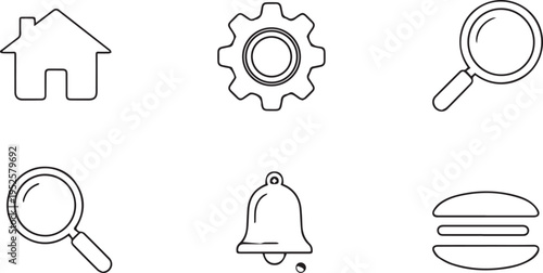 Set of 6 Outline Vector Icons for Web Design and UI: Home, Settings Gear, Magnifying Glass Search, Notification Bell, and Menu Hamburger Symbol