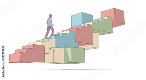 A stylized figure ascends a colorful, irregular staircase constructed from stacked geometric blocks, representing the journey of progress, growth, or overcoming challenges.