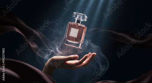 A woman's hand gently cradles a perfume bottle, ethereal smoke swirling around it, set against a dark background with flowing fabric.