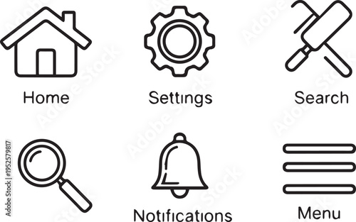 Set of 6 Outline UI Vector Icons for Web and Mobile Interfaces: Home, Settings, Search, Magnifying Glass, Notifications Bell, and Menu Hamburger Symbol
