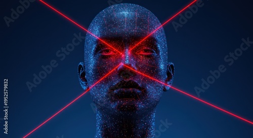Abstract digital face intersected by red laser beams, futuristic concept.