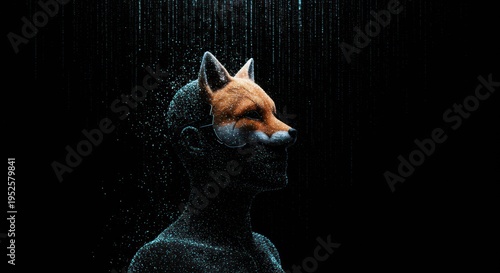 Abstract digital art of a person with a fox mask, dissolving into particles.
