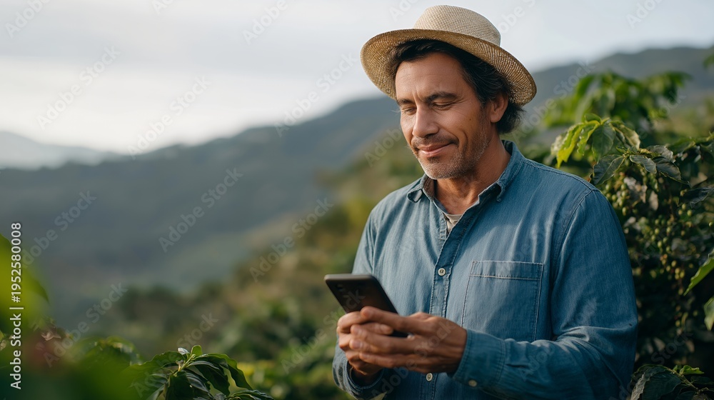 Fototapeta premium Colombian coffee farmer examining ripe cherries on sustainable plantation while video calling with European fair-trade buyers on smartphone, mountain landscape behind terraced fields, ideal for