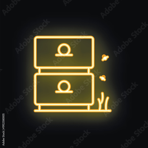 Yellow neon icon of a beehive with bees flying around on black background