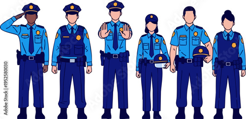 Set of 6 Police Officer Uniforms Vector Illustrations: Diverse Male and Female Law Enforcement Characters