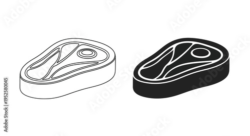 A minimalist illustration depicts two stylized steak cuts one outlined and the other fully shaded in black high quality