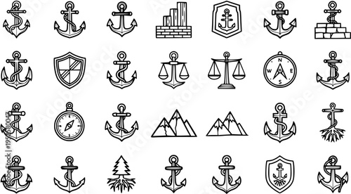 Nautical Maritime Anchor Symbols. Hand-drawn Black and White Line Art Vector Icons for Sea, Ocean, Sailing, Stability, Navigation, and Adventure Design.