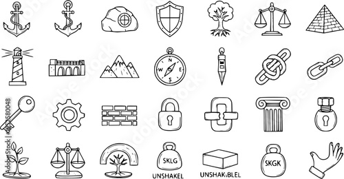 Hand-drawn Doodle Icons Set of Foundation, Security, and Stability Business Concepts. Outline Line Art Symbols for Strength, Trust, and Growth.