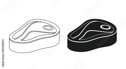 A black and white illustration depicts two views of a steak one outlined and one solid showcasing its shape high quality