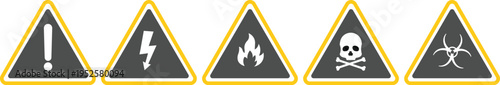 Caution signs set. hazard, flammable, electrical, high voltage, biohazard. Hazard and warning signs with various danger symbols. A collection of various red and black safety warning signs displayed in