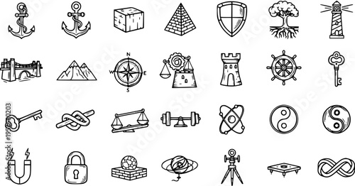 Hand Drawn Line Art Icons Set for Diverse Abstract Concepts and Metaphors in Black and White Doodle Style