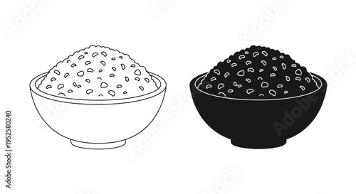 A minimalistic black and white illustration depicts two bowls filled with small round grains or seeds high quality professional detailed modern