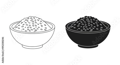 A black and white illustration depicts two round bowls filled with small dark seeds or grains side by side high quality