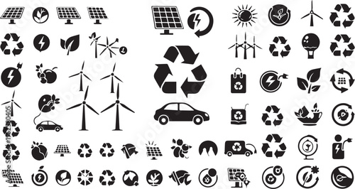 Set of 50+ Eco-Friendly and Renewable Energy Icons Vector Collection for Sustainable Design, Recycling, Solar Power, and Wind Energy Concepts