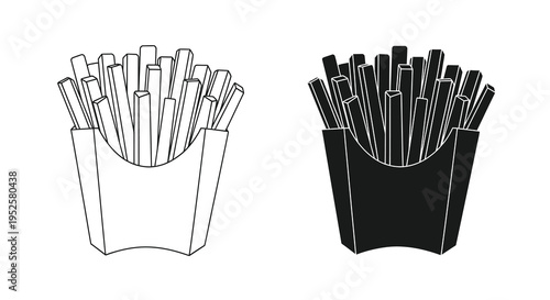 A simple black and white illustration depicts two containers filled with french fries showcasing variations in shading high quality professional detailed