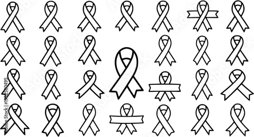 Awareness Ribbons Outline Icon Set - Black and White Line Art for Support, Charity, Health Causes, and Advocacy Campaigns