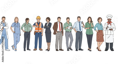 A diverse group of eleven men and women stands side-by-side, representing a wide range of professions from healthcare to construction and business.