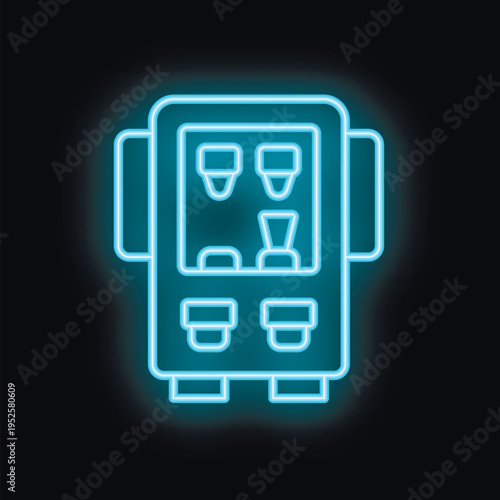 Blue neon icon of a vending machine offering snacks and beverages glowing on a black background