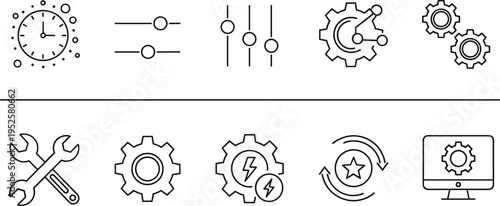System settings icons collection, configuration tools illustration, maintenance symbols, software management design, technical support vector, interface preferences, automation concept graphics