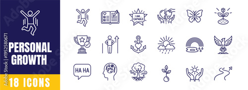 Personal Growth and Self Improvement Icon Set — Goal, Trophy, Mindset, Rainbow, Rising Star Line Art